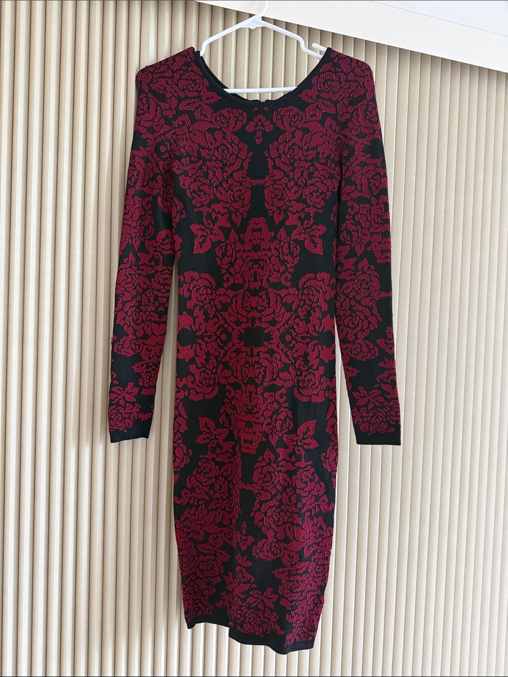 Felicity & Coco Black and Burgundy Floral Knit Long Sleeve Dress